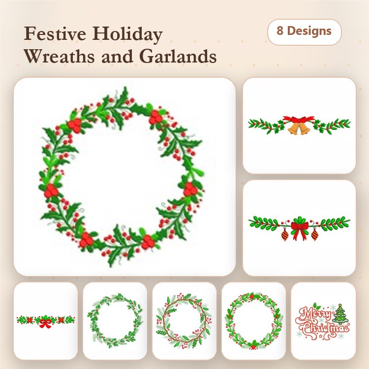 Festive Holiday Wreaths and Garlands Embroidery Designs Bundle – Wreath with Berries, Holly Garland, Christmas Bow & More (8 Designs)