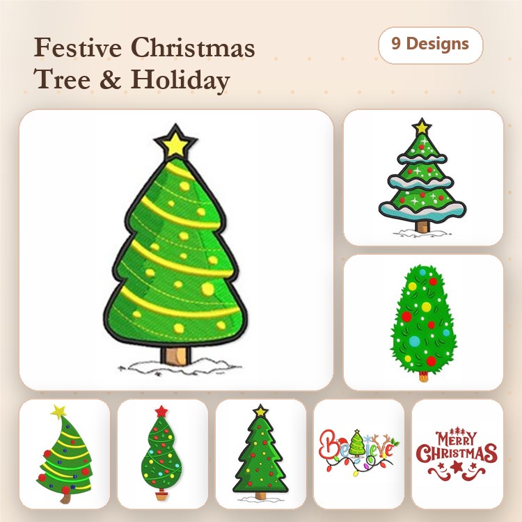 Christmas Tree Embroidery Designs Bundle – Christmas Tree with Star, Green Christmas Tree with Ornaments & More (9 Designs)