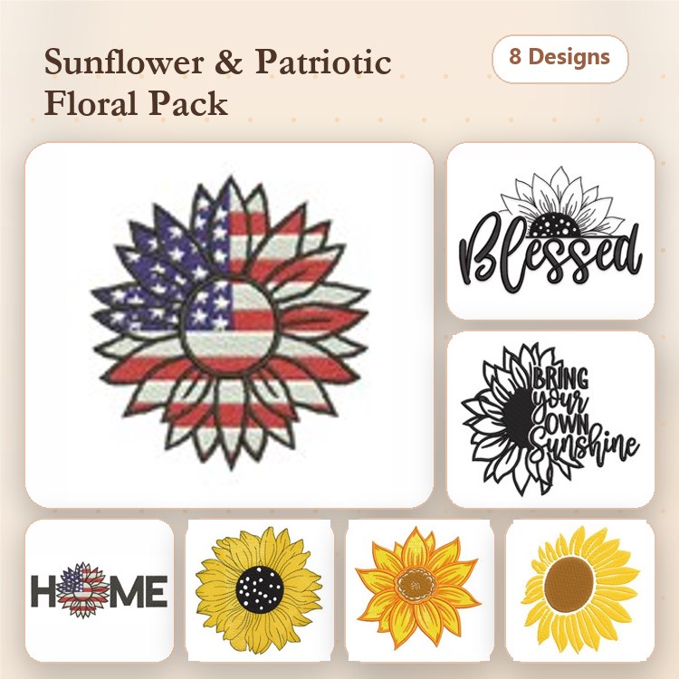 Patriotic Sunflowers Embroidery Designs Bundle – Sunflower, Blessed Text, Home & More (8 Designs)