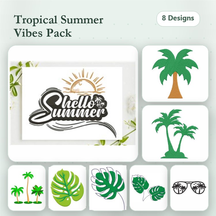 Tropical Summer Embroidery Designs Bundle – Hello Summer Text, Palm Tree, Sunglasses & More (8 Designs)