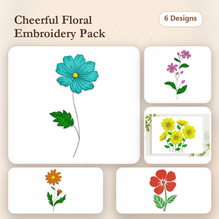 Floral Embroidery Designs Bundle – Blue Flower, Red Flower, Yellow Floral Arrangement & More (6 Designs)