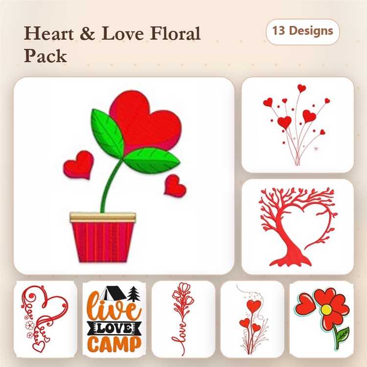 Heart & Love Embroidery Designs Bundle – Potted Heart Plant, Floral Heart Swirl, Heart with Leaves & More (13 Designs)