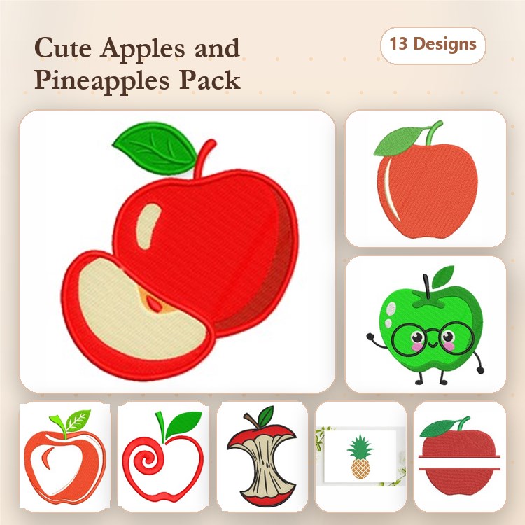 Cute Apples & Pineapples Embroidery Designs Bundle – Red Apple, Green Apple with Glasses, Apple Slice & More (13 Designs)