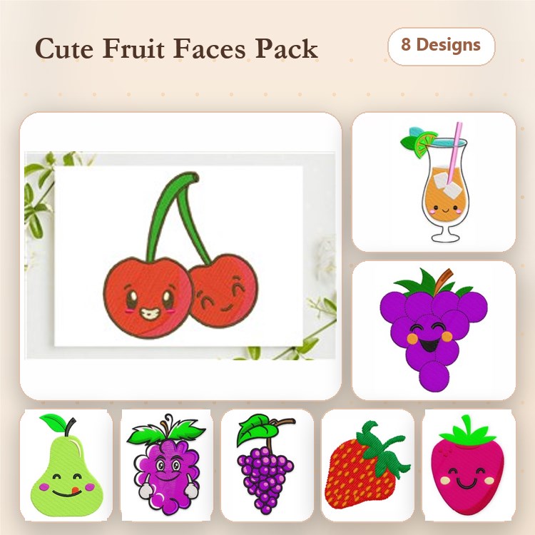 Cute Fruit Embroidery Designs Bundle – Cherry with Faces, Strawberry with Face, Grape with Face & More (8 Designs)
