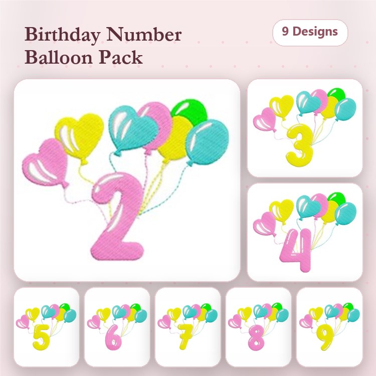 Birthday Numbers with Balloons Embroidery Designs Bundle – Number 2 with Balloons, Number 3 with Balloons, & More (9 Designs)