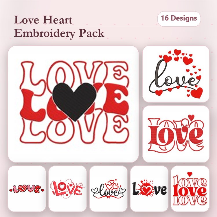 Love & Heart Embroidery Designs Bundle – Curly Love Text, Love Heart with Black Center, Elegant Love Text & More (16 Designs)
