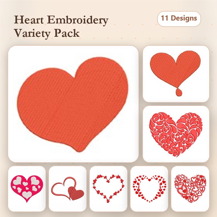 Heart Embroidery Designs Bundle – Solid Heart, Decorative Heart with Patterns, Heart with Flowers & More (11 Designs)