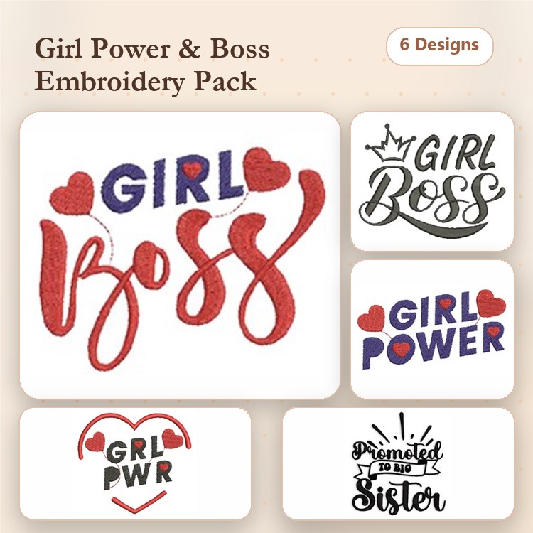 Girl Power Embroidery Designs Bundle – Girl Boss with Hearts, GRL PWR, Girl Boss with Crown & More (6 Designs)