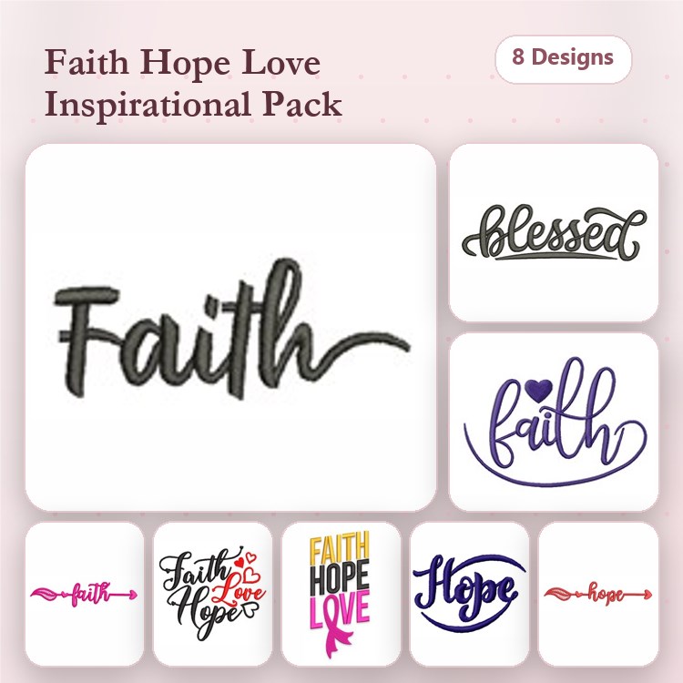 Faith & Inspirational Quotes Embroidery Designs Bundle – Faith, Hope, Love, Blessed & More (8 Designs)