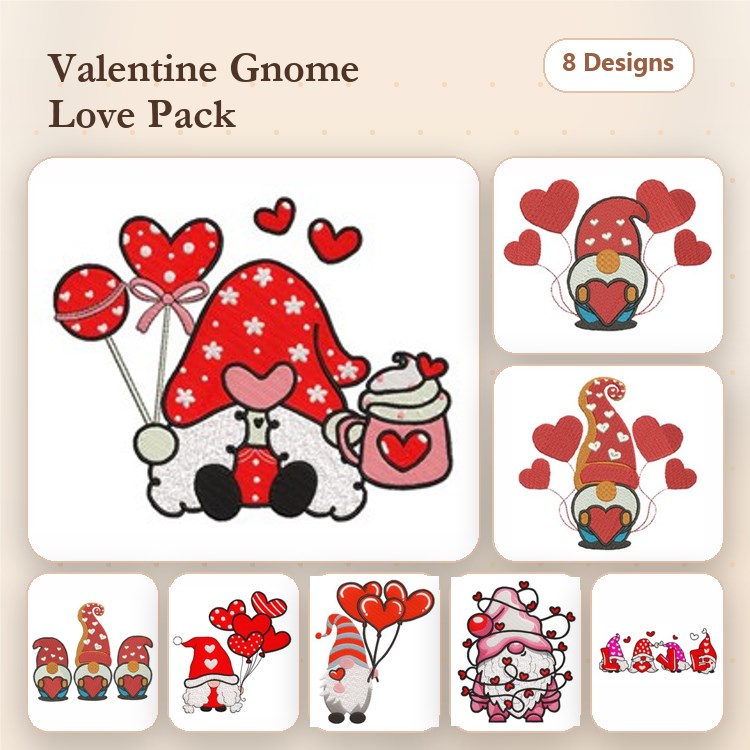 Valentine Gnome Embroidery Designs Bundle – Gnome with Hearts and Balloons, Gnome Holding Coffee Cup & More (8 Designs)