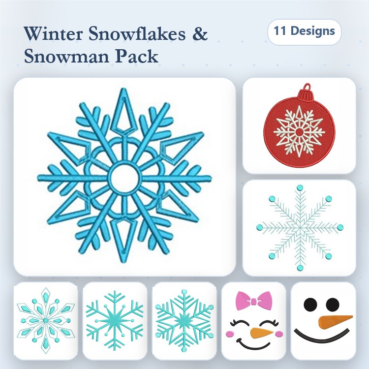 Winter Snowman & Snowflakes Embroidery Designs Bundle – Snowflake Ornament, Red Snowflake, Snowman Faces & More (11 Designs)