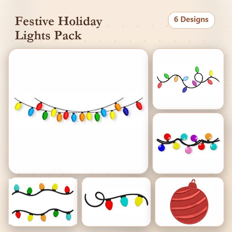 Holiday Lights Embroidery Bundle – String of Colorful Lights, Red Christmas Ornament & More (6 Designs)