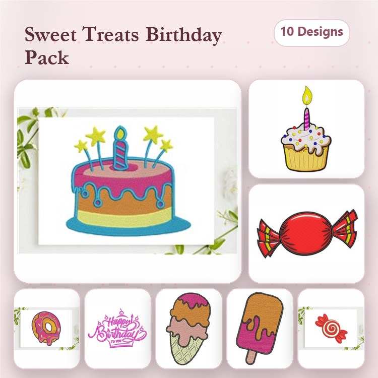 Birthday Treats Embroidery Designs Bundle – Birthday Cake, Cupcake, Donut, Ice Cream Cone & More (10 Designs)