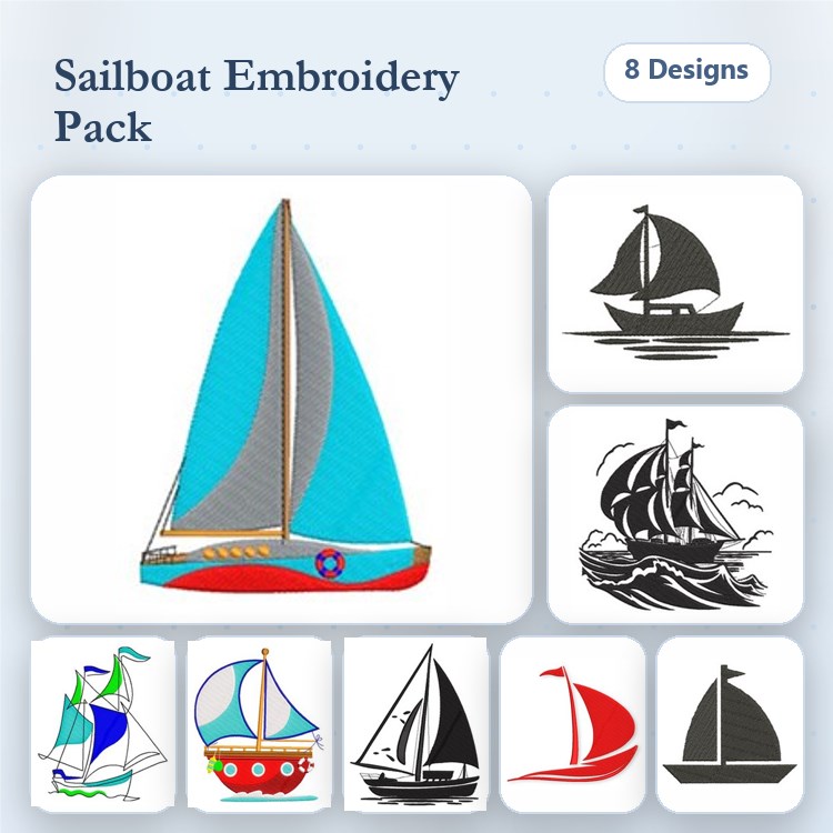 Sailboat Embroidery Designs Bundle – Colorful Sailboat, Black and White Sailboat, Sailing Ship & More (8 Designs)