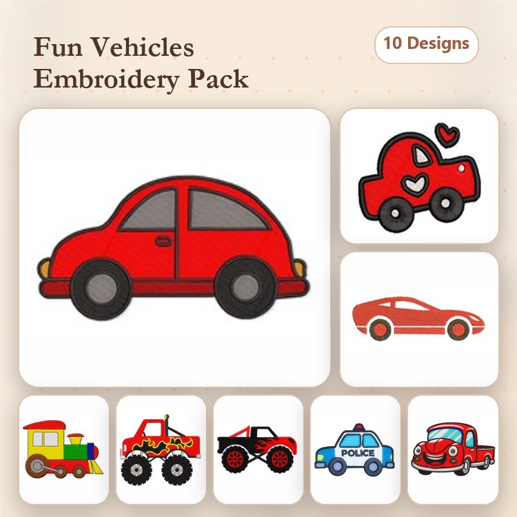 Fun Vehicles Embroidery Designs Bundle – Red Car, Love Truck, Red Sports Car & More (10 Designs)