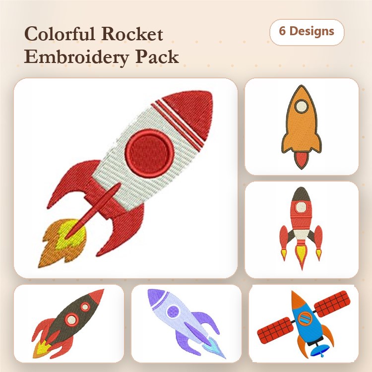 Colorful Rockets Embroidery Designs Bundle – Red Rocket, Orange Rocket, Purple Rocket & More (6 Designs)