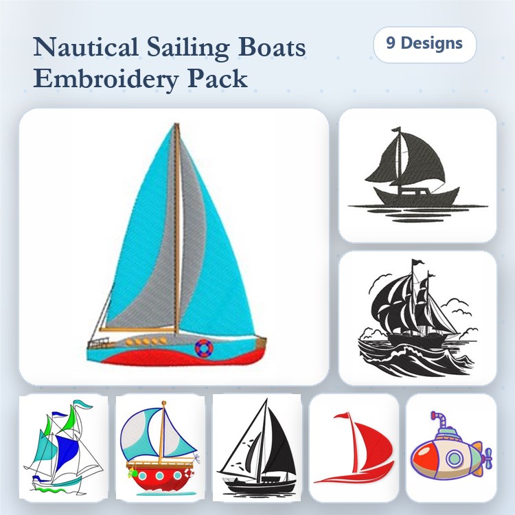 Nautical Sailing Boats Embroidery Designs Bundle – Sailboat with Blue Sail, Red Sailboat, Black Sailing Ship & More (9 Designs)