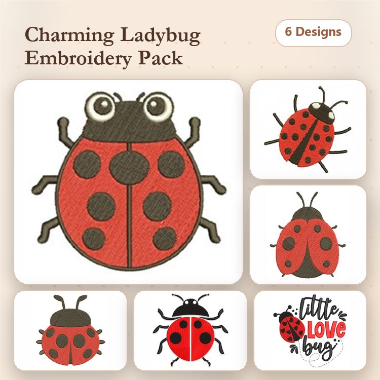 Ladybug Embroidery Bundle – Ladybug with Spots, Smiling Ladybug, Ladybug with Flower & More (6 Designs)