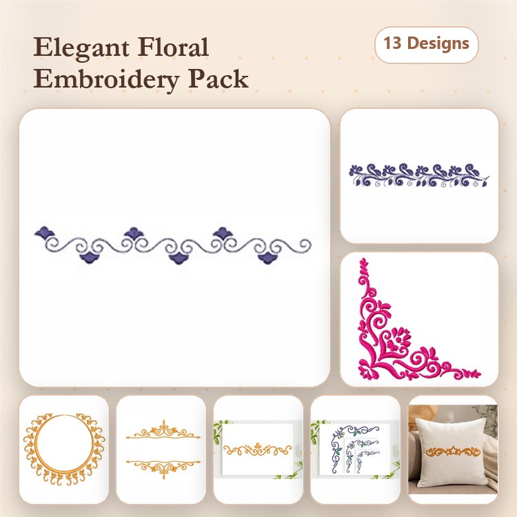 Elegant Floral Embroidery Designs Bundle – Floral Border with Leaves, Ornate Floral Corner, Curly Floral Vine & More (13 Designs)
