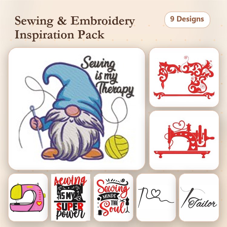 Sewing Gnome & Sewing Machine Embroidery Designs Bundle – Sewing is my Super Power, Therapy, & More (9 Designs)