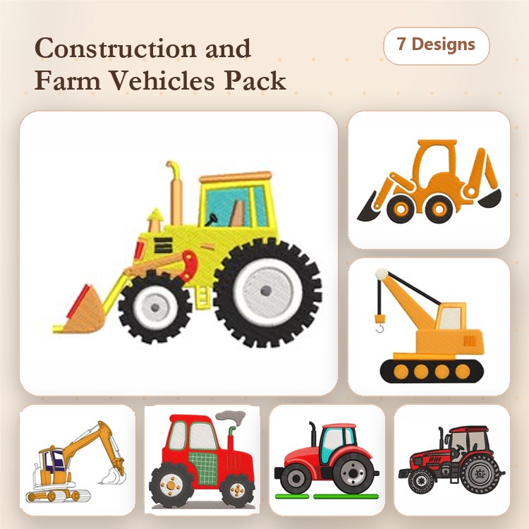 Construction Vehicle Embroidery Designs Bundle – Tractor, Bulldozer, Excavator & More (7 Designs)