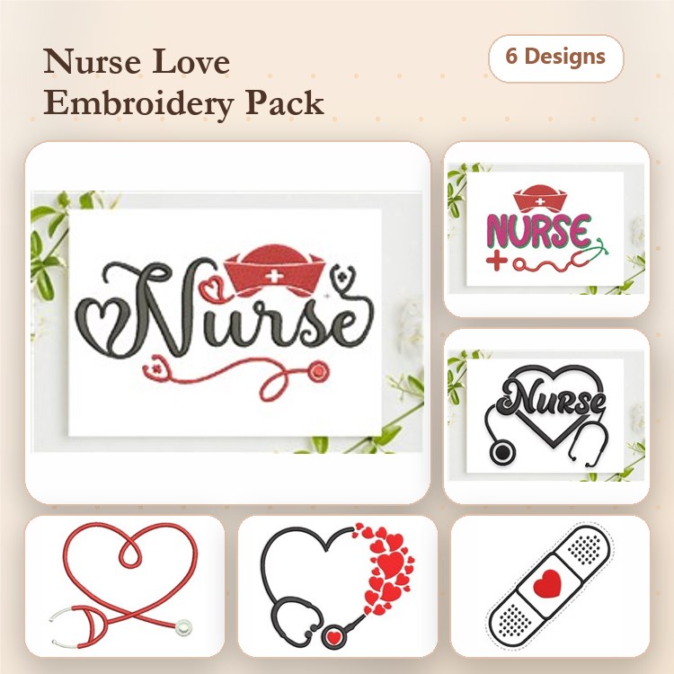 Nurse Embroidery Designs Bundle – Nurse Text with Hat, Heart with Stethoscope, Script Nurse with Heart & More (6 Designs)