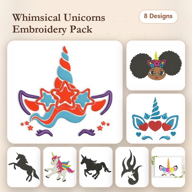 Unicorn Embroidery Designs Bundle – Unicorn with Stars, Rainbow Unicorn, Girl with Unicorn Horn & More (8 Designs)