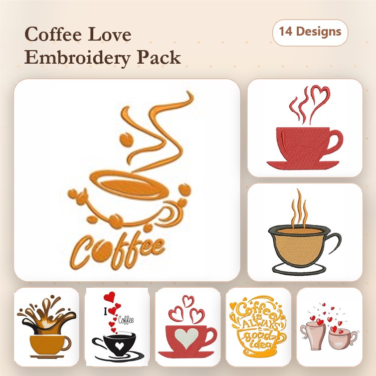 Coffee Cup Embroidery Designs Bundle – Coffee Love Text, Foam Heart Coffee, Red Coffee Cup & More (14 Designs)