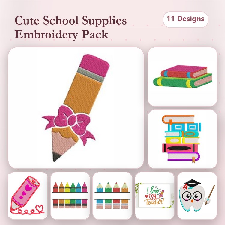 School Supplies Embroidery Designs Bundle – Pencil with Bow, Stacked Books, Owl with Graduation Cap & More (11 Designs)