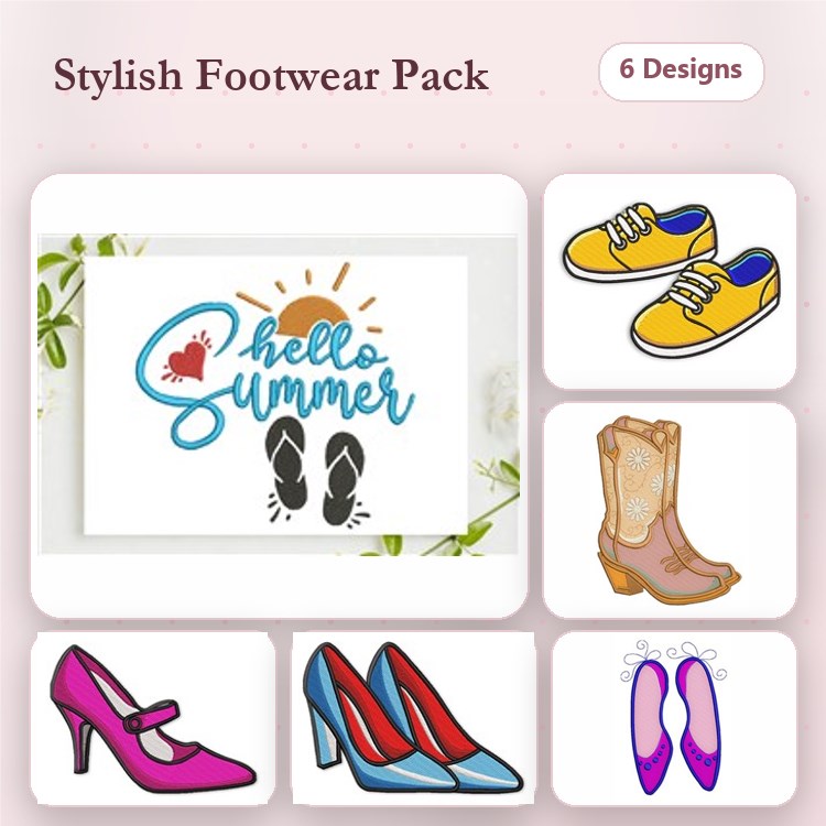 Stylish Footwear Embroidery Designs Bundle – High Heeled Shoes, Cowboy Boots, Mary Jane Shoes & More (6 Designs)