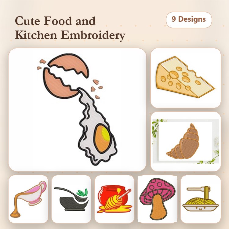 Food and Kitchen Items Embroidery Designs Bundle – Cracked Egg, Cheese Slice, Croissant & More (9 Designs)