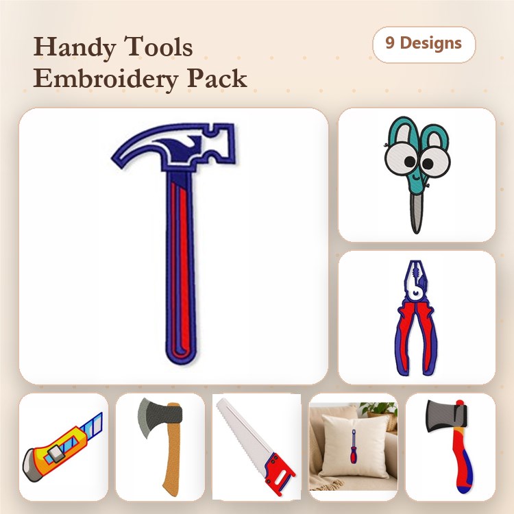 Handy Tools Embroidery Designs Bundle – Hammer, Scissors, Pliers & More (9 Designs)