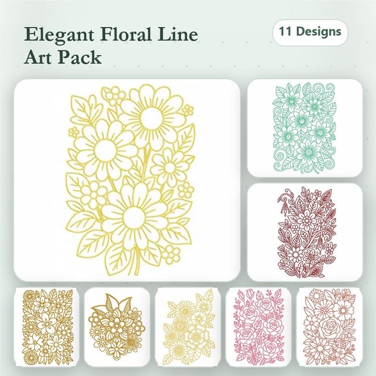 Elegant Floral Line Art Embroidery Bundle – Various Floral Designs (11 Designs)