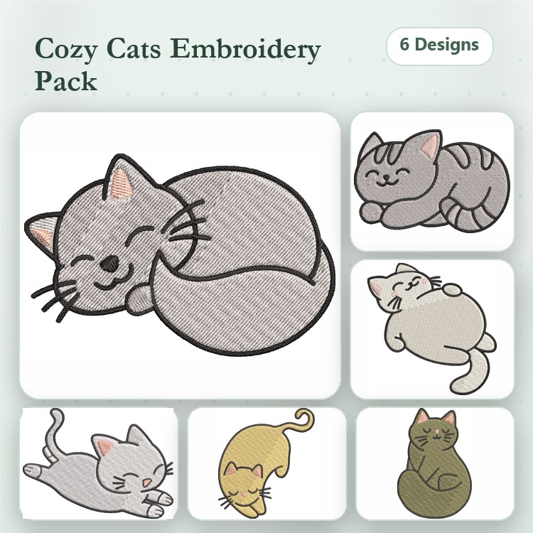 Cozy Cats Embroidery Bundle – Gray Cat Sleeping, Tabby Cat Curled Up, White Cat with Tail & More (6 Designs)
