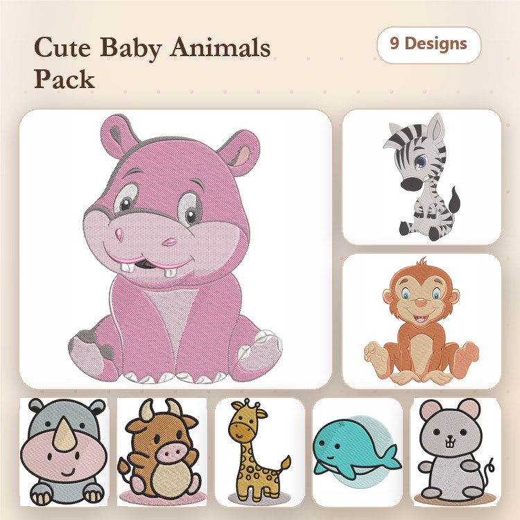 Cute Baby Animals Embroidery Bundle – Hippo, Monkey, Zebra & More (9 Designs)