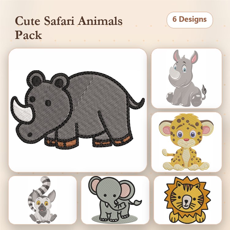 Safari Animal Embroidery Bundle – Rhino, Elephant, Leopard Cub, Lion & More (6 Designs)