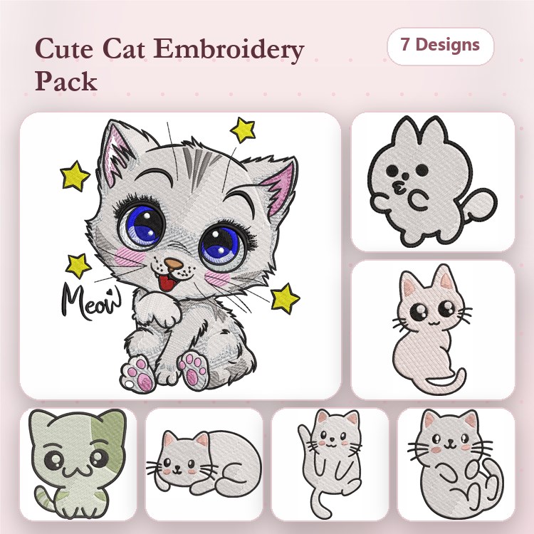 Cute Cat Embroidery Designs Bundle – Gray Kitten with Big Eyes, Fluffy Cat, Meowing Cat & More (7 Designs)
