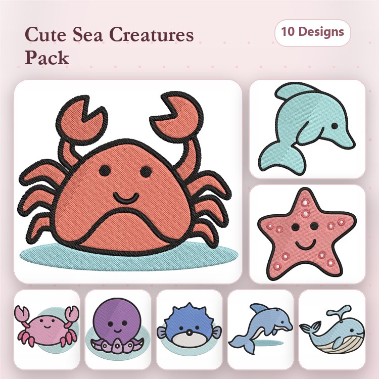 Cute Sea Creatures Embroidery Bundle – Crab, Dolphin, Starfish & More (10 Designs)