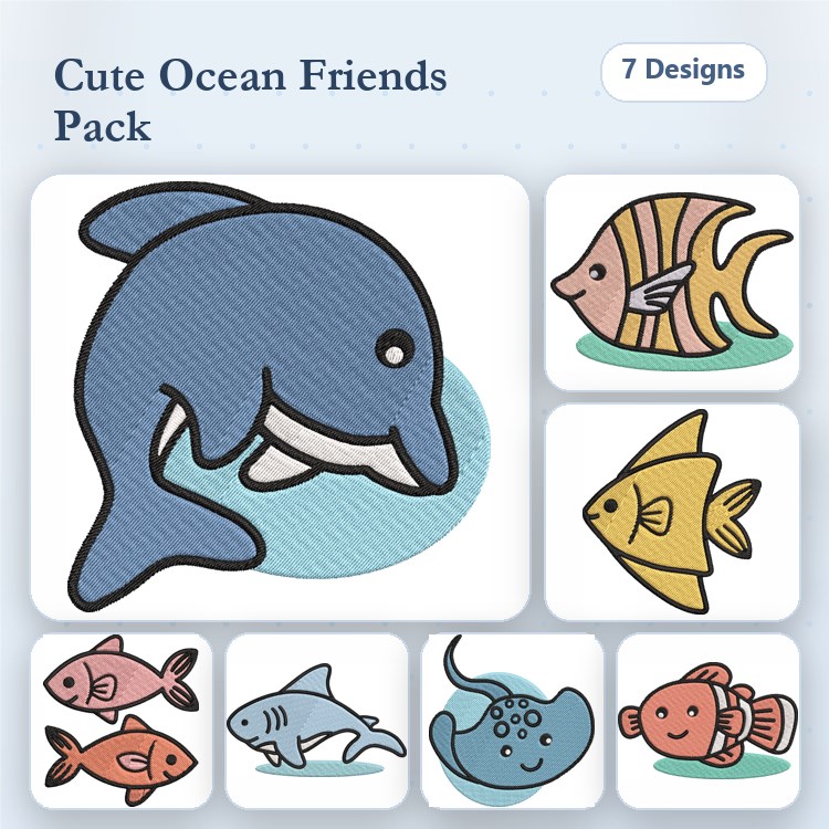 Ocean-Life Embroidery Bundle – Dolphin, Clownfish, Angelfish & More (7 Designs)