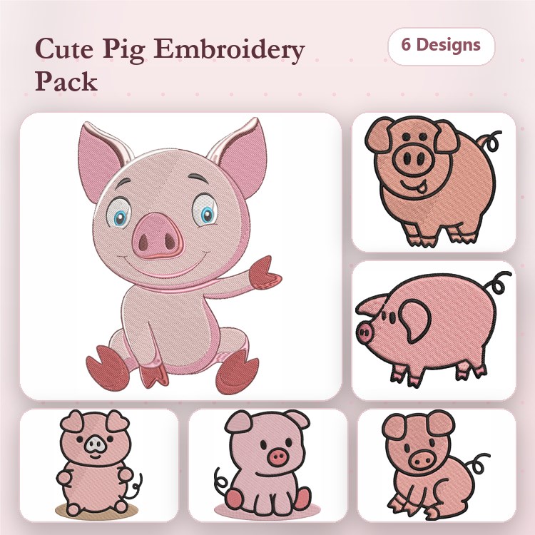 Cute Pig Embroidery Designs Bundle – Cartoon Pig with Hands, Standing Pig, Smiling Pig & More (6 Designs)