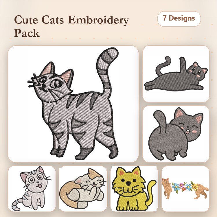 Cute Cats Embroidery Designs Bundle – Gray Cat, Sleeping Cat, Yellow Cat & More (7 Designs)