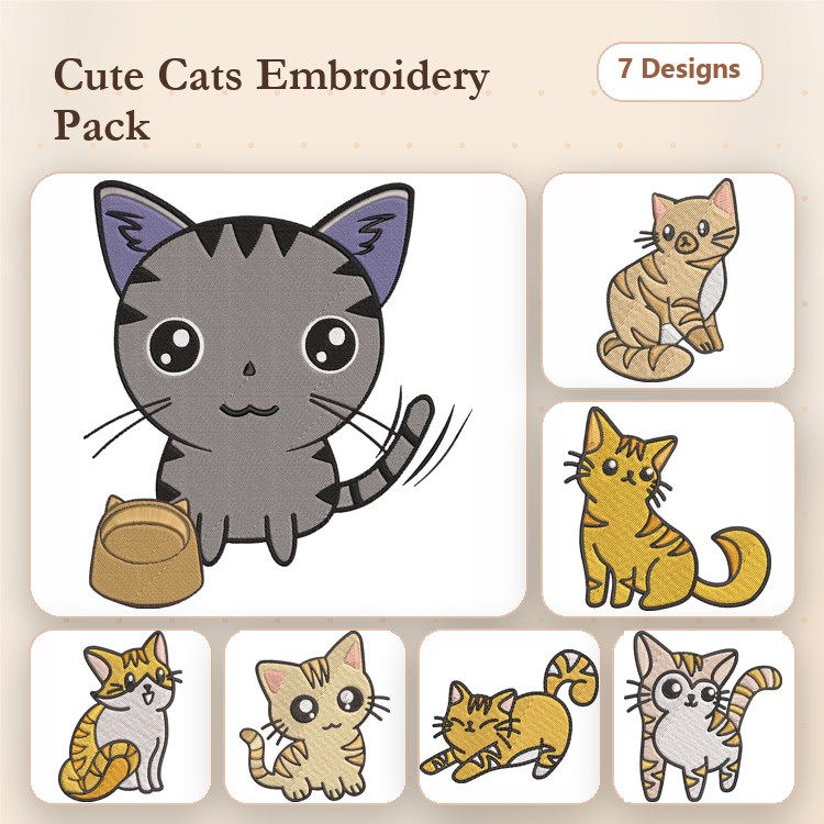Cute Cat Embroidery Designs Bundle – Gray Cat with Bowl, Orange Tabby Cat Sitting, Yellow Cat with Tail Curled & More (7 Designs)