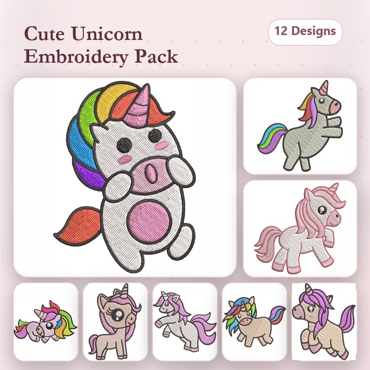 Cute Unicorns Embroidery Designs Bundle – Rainbow Mane, Flower Crown, Happy Unicorn & More (12 Designs)