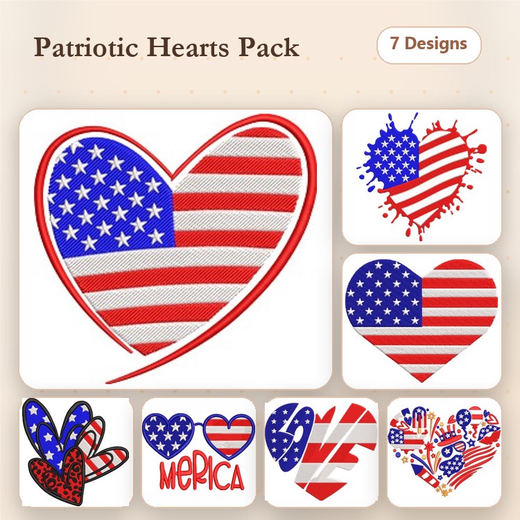 Patriotic Hearts Embroidery Designs Bundle – Heart with American Flag, Paint Splash Heart, Heart with Red and Blue Stripes & More (7 Designs)