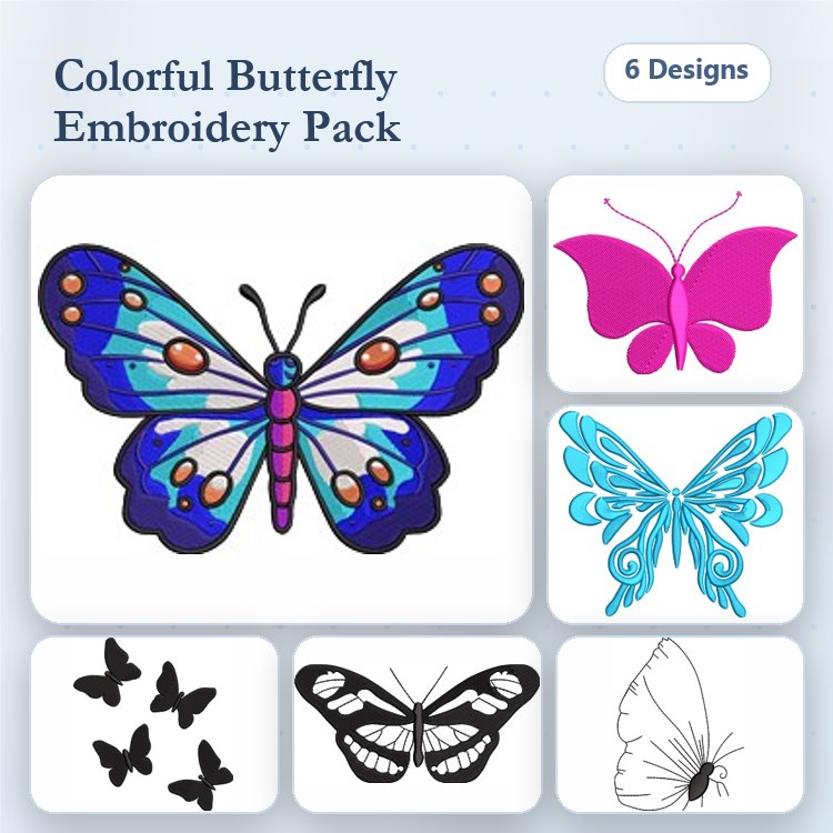 Colorful Butterflies Embroidery Designs Bundle – Vibrant Butterfly, Elegant Blue & More (6 Designs)