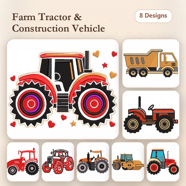 Farm Vehicles Embroidery Designs Bundle – Farm Tractor with Hearts, Dump Truck, Red Tractor & More (8 Designs)