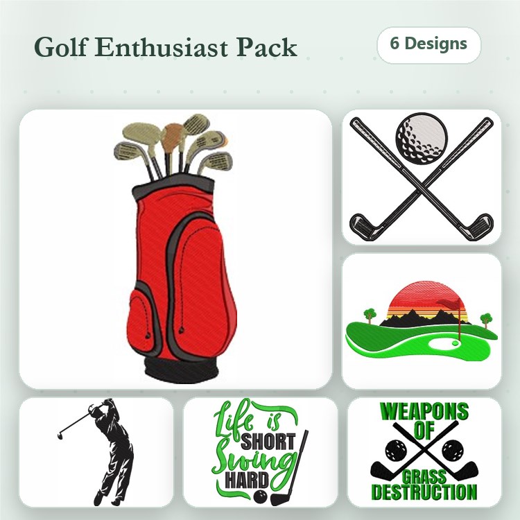 Golf Humor Embroidery Designs Bundle – Golf Bag with Clubs, Golfing Silhouette, Life is Short Swing Hard & More (6 Designs)