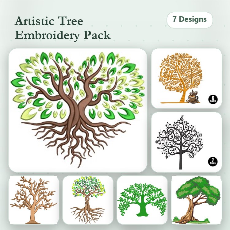 Artistic Tree Embroidery Bundle – Heart Tree, Autumn Tree, Celtic Tree & More (7 Designs)