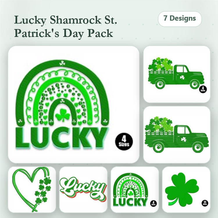 St. Patrick's Day Embroidery Designs Bundle – Shamrock Rainbow, Lucky Truck, Lucky Text & More (7 Designs)