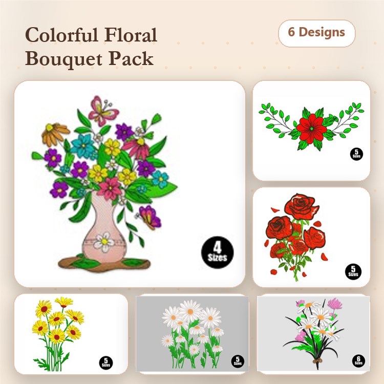 Colorful Floral Bouquets Embroidery Designs Bundle – Flower Bouquet in Vase, Red Rose Bouquet, Yellow Daisies & More (6 Designs)